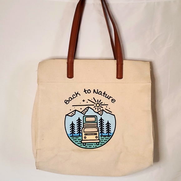 Canvas Tote Bag Back To Nature Handbag Beige 6 Pockets Time & Tru - Picture 2 of 9